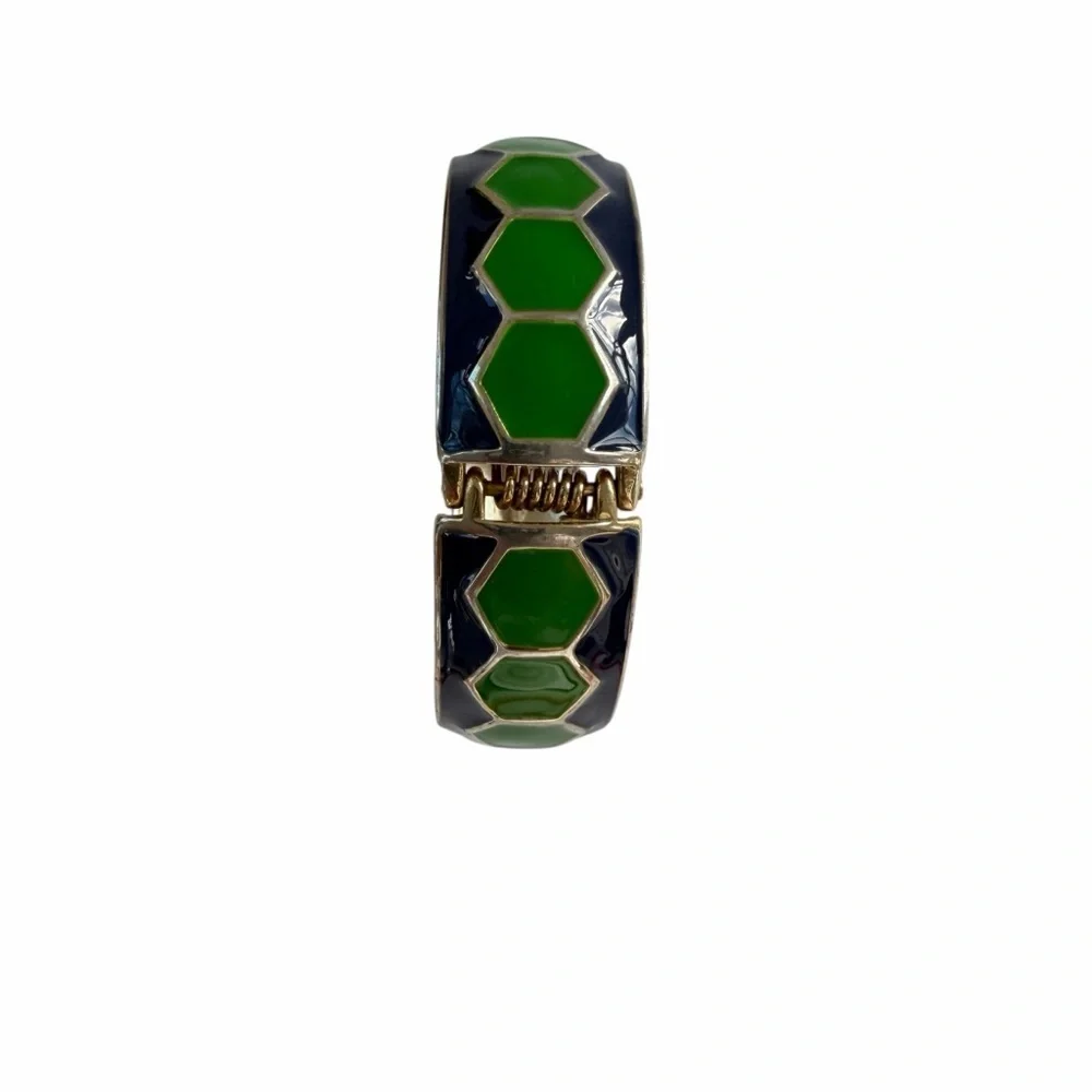 Enamel Green and Blue Hexagon Bangle Bracelet Statement‎ Spring Hinge Seahawks